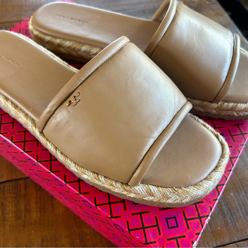 Tory Burch T Logo Leather Espadrille Slide Tiramisu Size 10.5 NEW